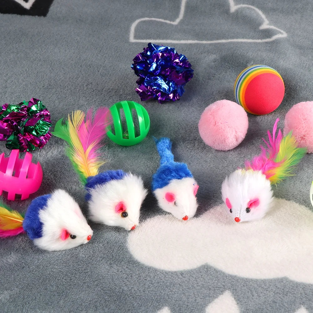 Interactive Cat Kitten Toys Assortments, 2 Way Tunnel, Cat Ball Toys Assortments,Rainbow Ball, Crinkle Ball, Sparkle Ball, Bell Balls,Cat Feather Toys,Cat Mice Toys for Indoor Cats-30 Packs
