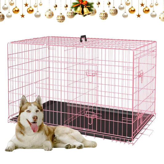 Heavy Duty Dog Crate Dog Cage 42'' Extra Large Dog Crate Kennel for Large Dogs, Folding Metal Dog Crate W/Divider & Tray Double Doors , Pink
